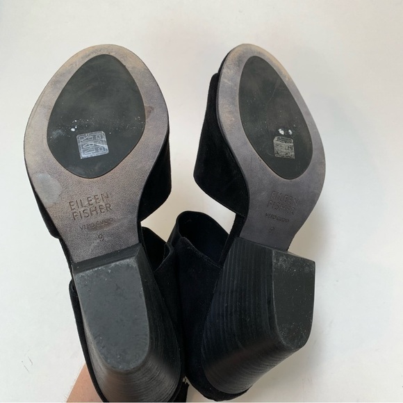 Eileen Fisher Black Suede Sandal Heels Zip Back Mesh Strap Size 9 - Picture 12 of 15